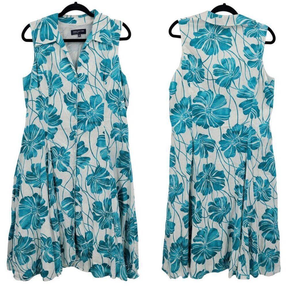 Jones New York Sleeveless Button Front Pinafore Midi Dress 16 Aqua Floral Retro